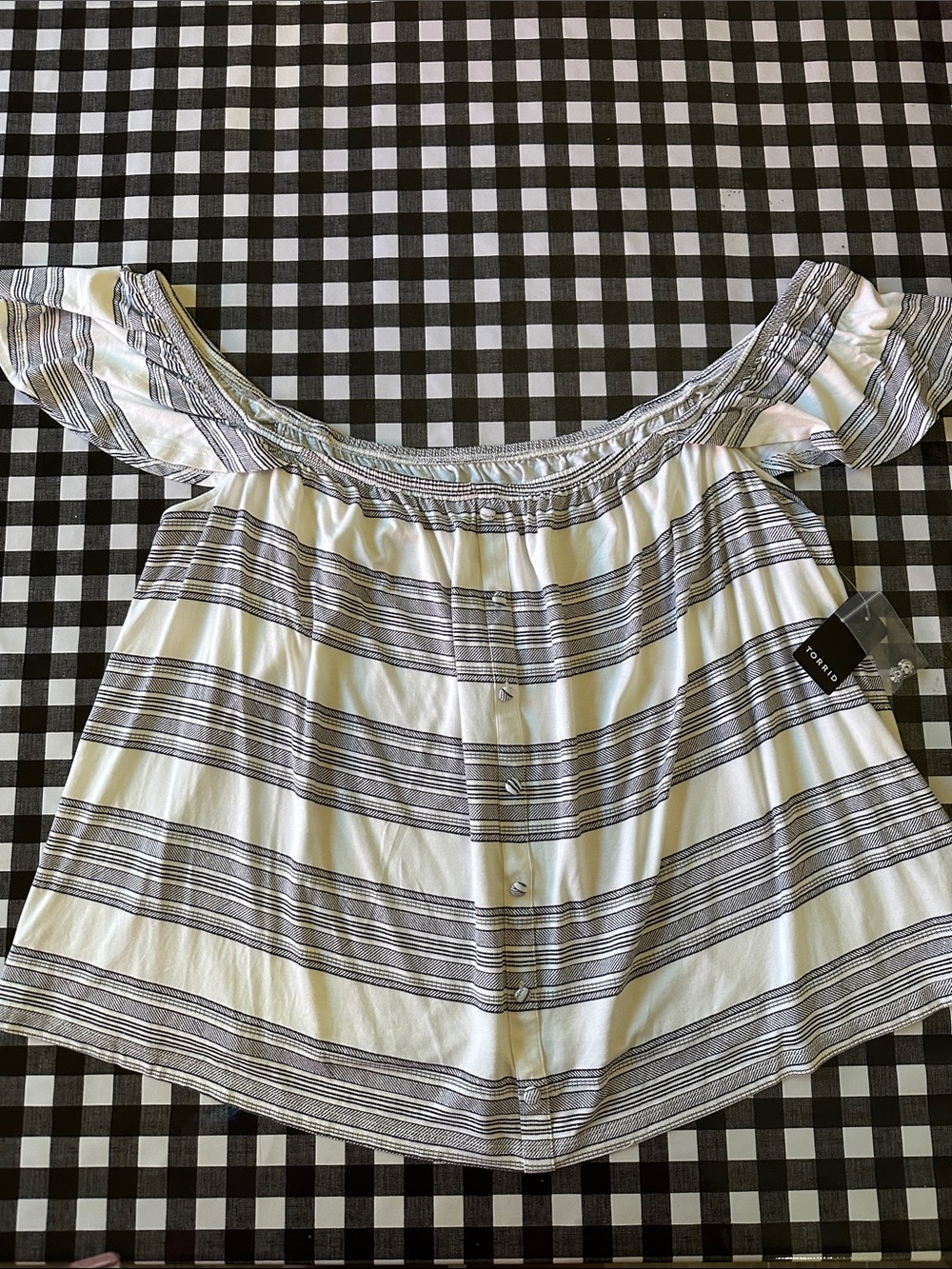 torrid Black & White Off-Shoulder Striped Button-Front Top